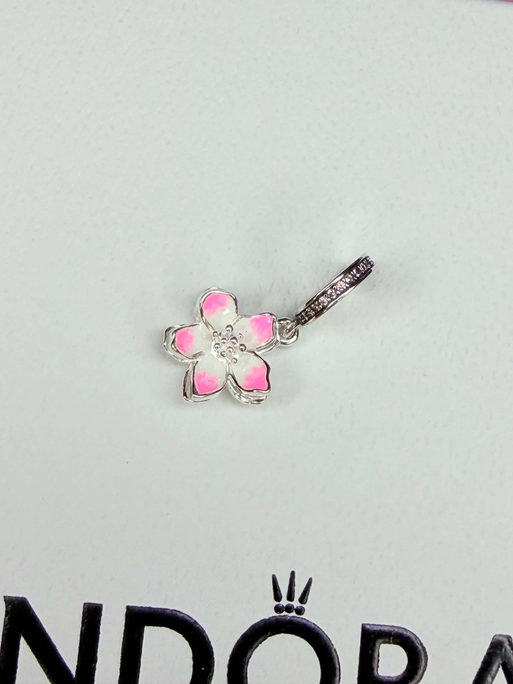 Pandora Pink Enamel Flower Dangle Charm with Silver Accents